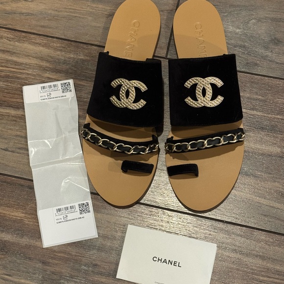 Chanel Chain AUTHENTIC Mule Black Tan Women's Sandals Italy NEW Size 42 US 11 ❤️ - Picture 10 of 15